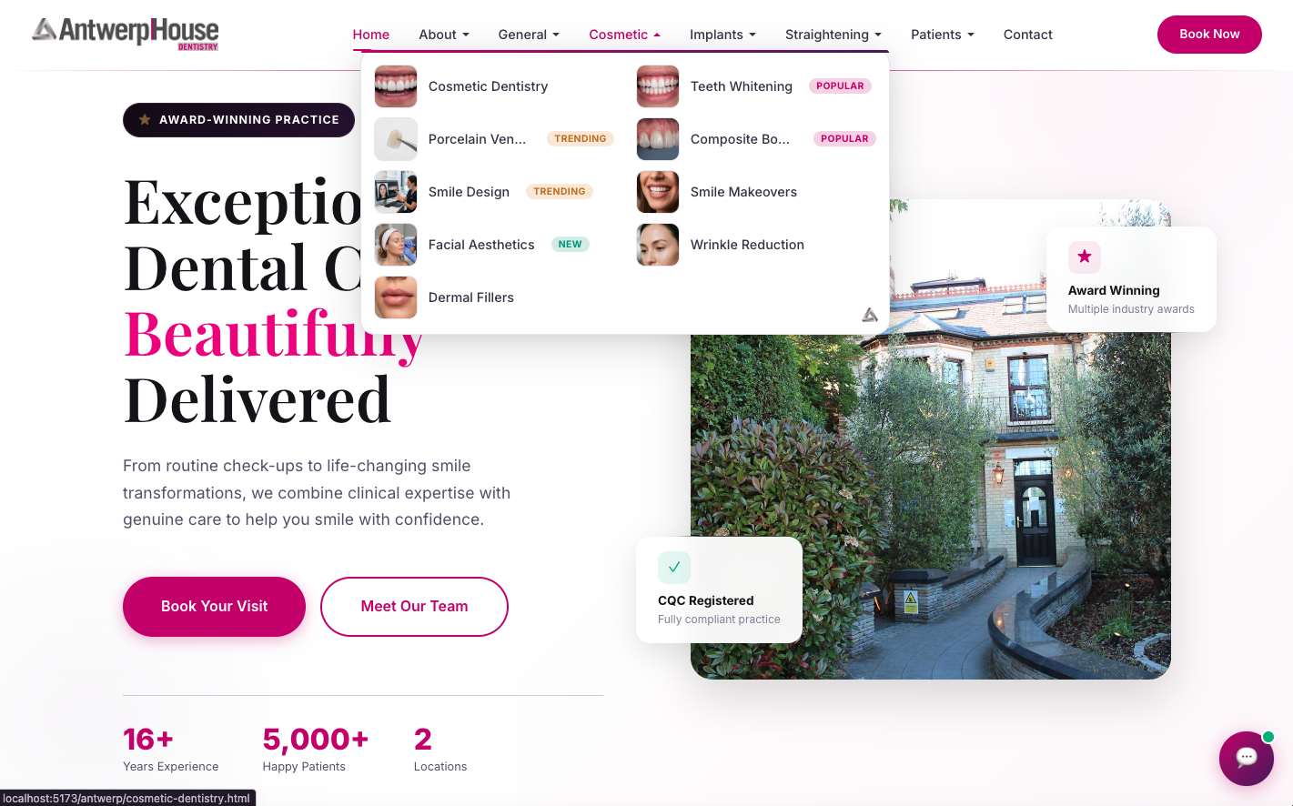 Antwerp House Dentistry — Desktop Mega Menu Navigation